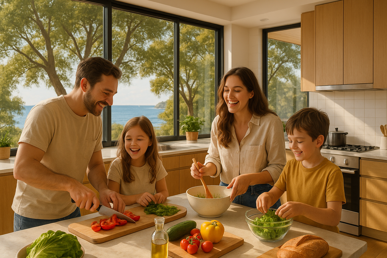在开放式的厨房，透过大落地玻璃能看到有户外的树木和海边，一家人在乐也融融的准备午餐