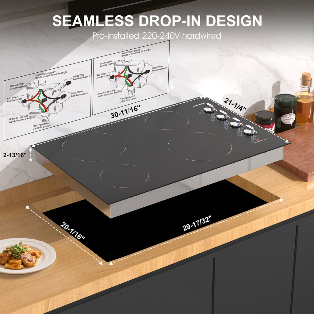 30 Inch Electric Cooktop 4 Burners, ETL Safety Certified Built-in Stove Top Burner with Knob Control, Premium Wear-Resistant Glass, Hot Surface Indicator, 7000W Hardwired for Kitchen