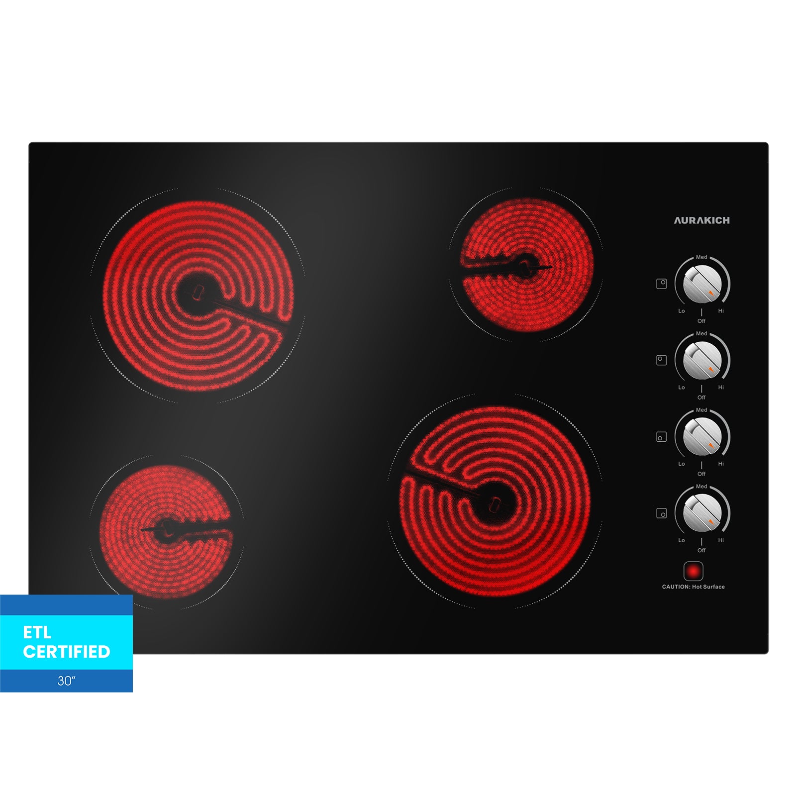 30 Inch Electric Cooktop 4 Burners, ETL Safety Certified Built-in Stove Top Burner with Knob Control, Premium Wear-Resistant Glass, Hot Surface Indicator, 7000W Hardwired for Kitchen
