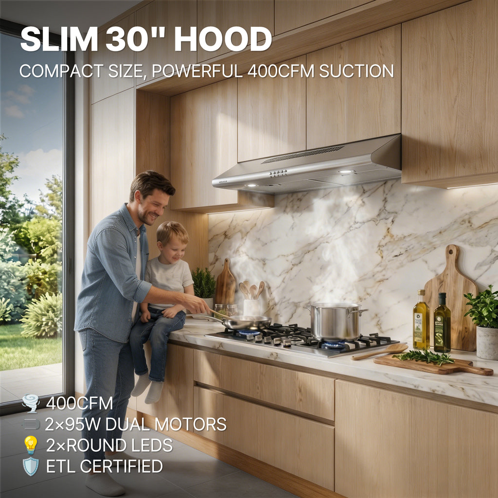 30 inch Under Cabinet Range Hood, 400 CFM Dual Motor Kitchen Vent, Dual Round LED Lights & 2 Charcoal Filters, Hardwired with Install Template, Stainless Steel, Ducted/Ductless - AURAKICH