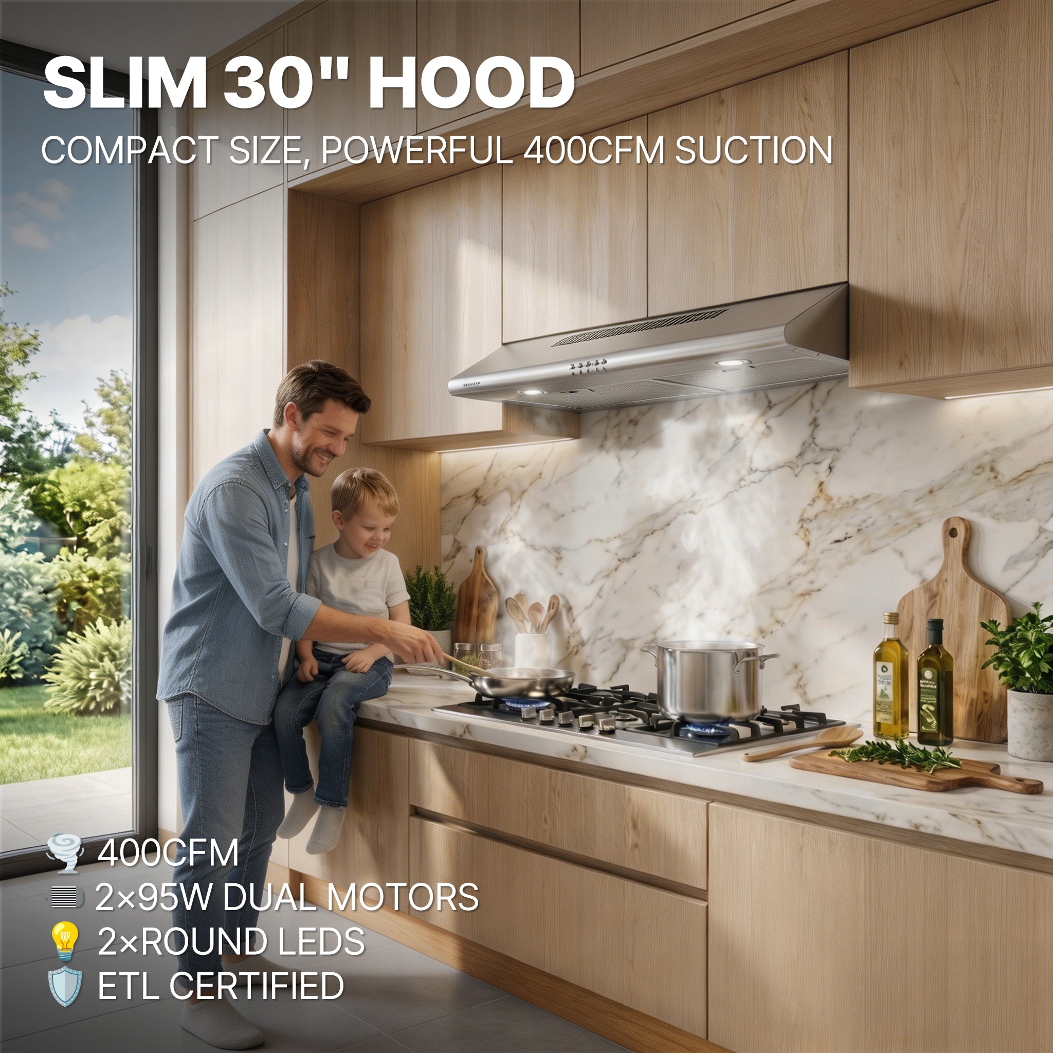 30 inch Under Cabinet Range Hood, 400 CFM Dual Motor Kitchen Vent, Dual Round LED Lights & 2 Charcoal Filters, Hardwired with Install Template, Stainless Steel, Ducted/Ductless - AURAKICH