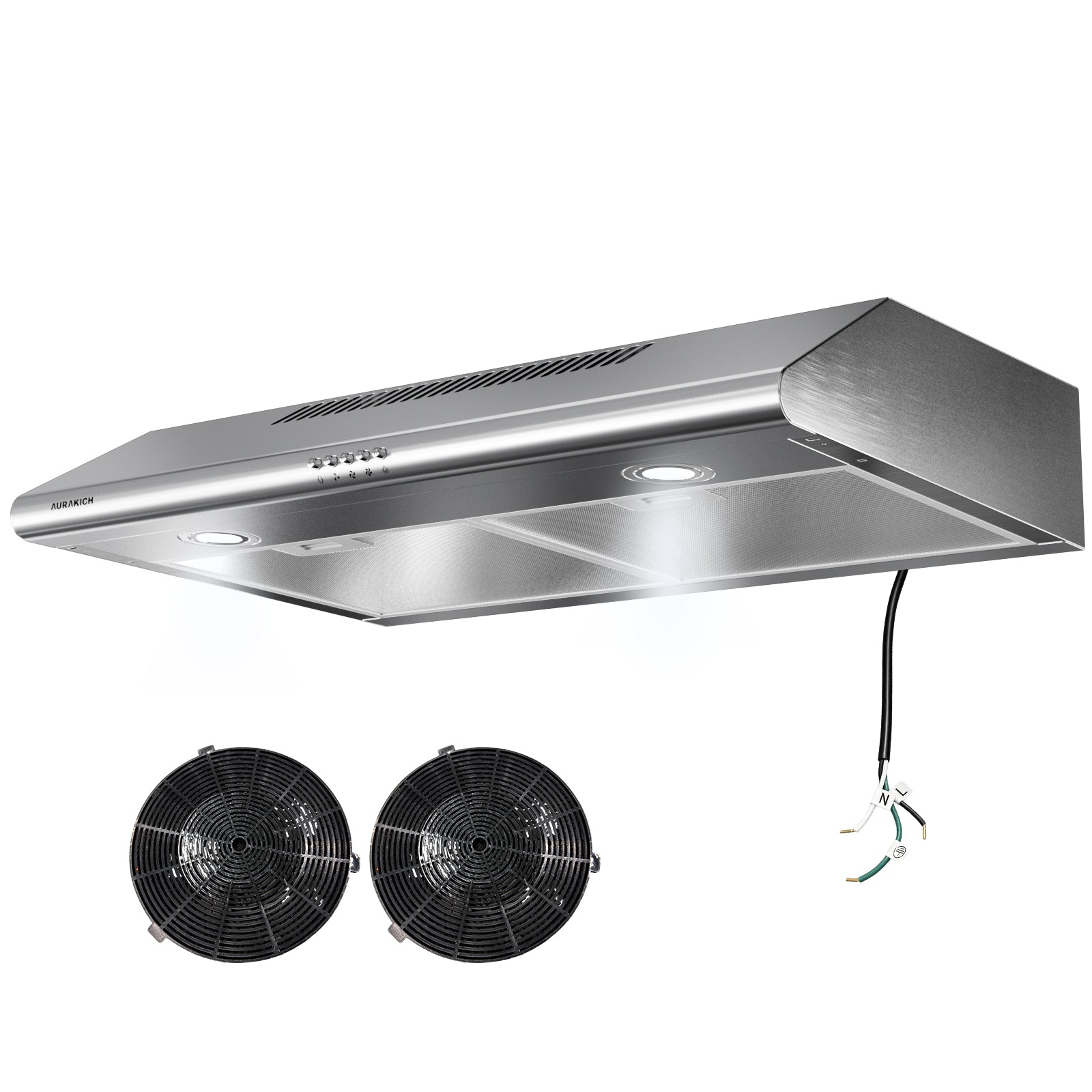 30 inch Under Cabinet Range Hood, 400 CFM Dual Motor Kitchen Vent, Dual Round LED Lights & 2 Charcoal Filters, Hardwired with Install Template, Stainless Steel, Ducted/Ductless - AURAKICH