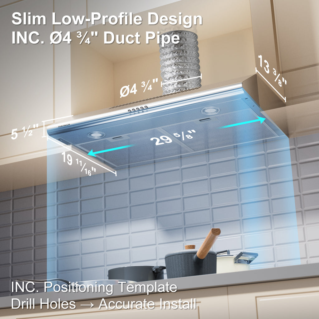30 inch Under Cabinet Range Hood, 400 CFM Dual Motor Kitchen Vent, Dual Round LED Lights & 2 Charcoal Filters, Hardwired with Install Template, Stainless Steel, Ducted/Ductless - AURAKICH