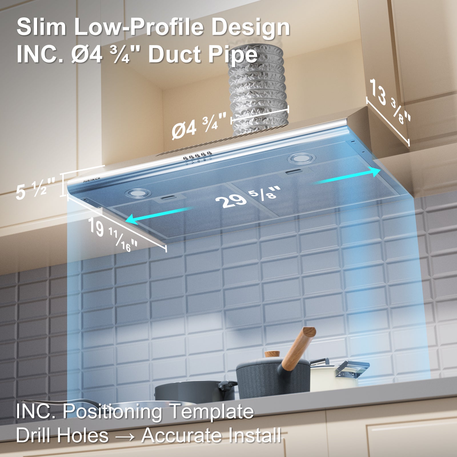 30 inch Under Cabinet Range Hood, 400 CFM Dual Motor Kitchen Vent, Dual Round LED Lights & 2 Charcoal Filters, Hardwired with Install Template, Stainless Steel, Ducted/Ductless - AURAKICH