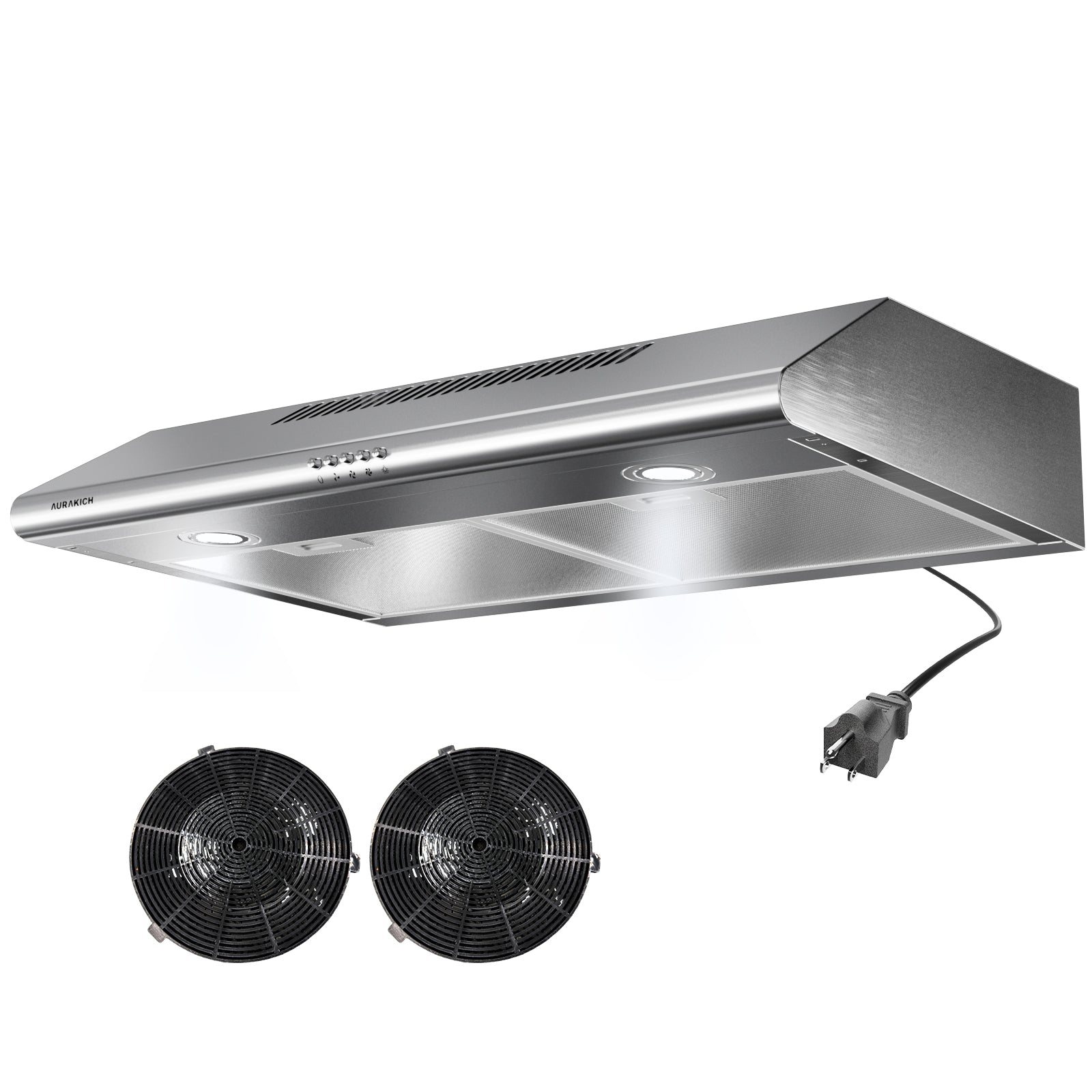 Under-Cabinet Range Hood 30 inch, 400 CFM Dual Motor Kitchen Vent, Dual Round LED Lights & 2 Charcoal Filters, Plug-in with Install Template, Stainless Steel, Ducted/Ductless - AURAKICH