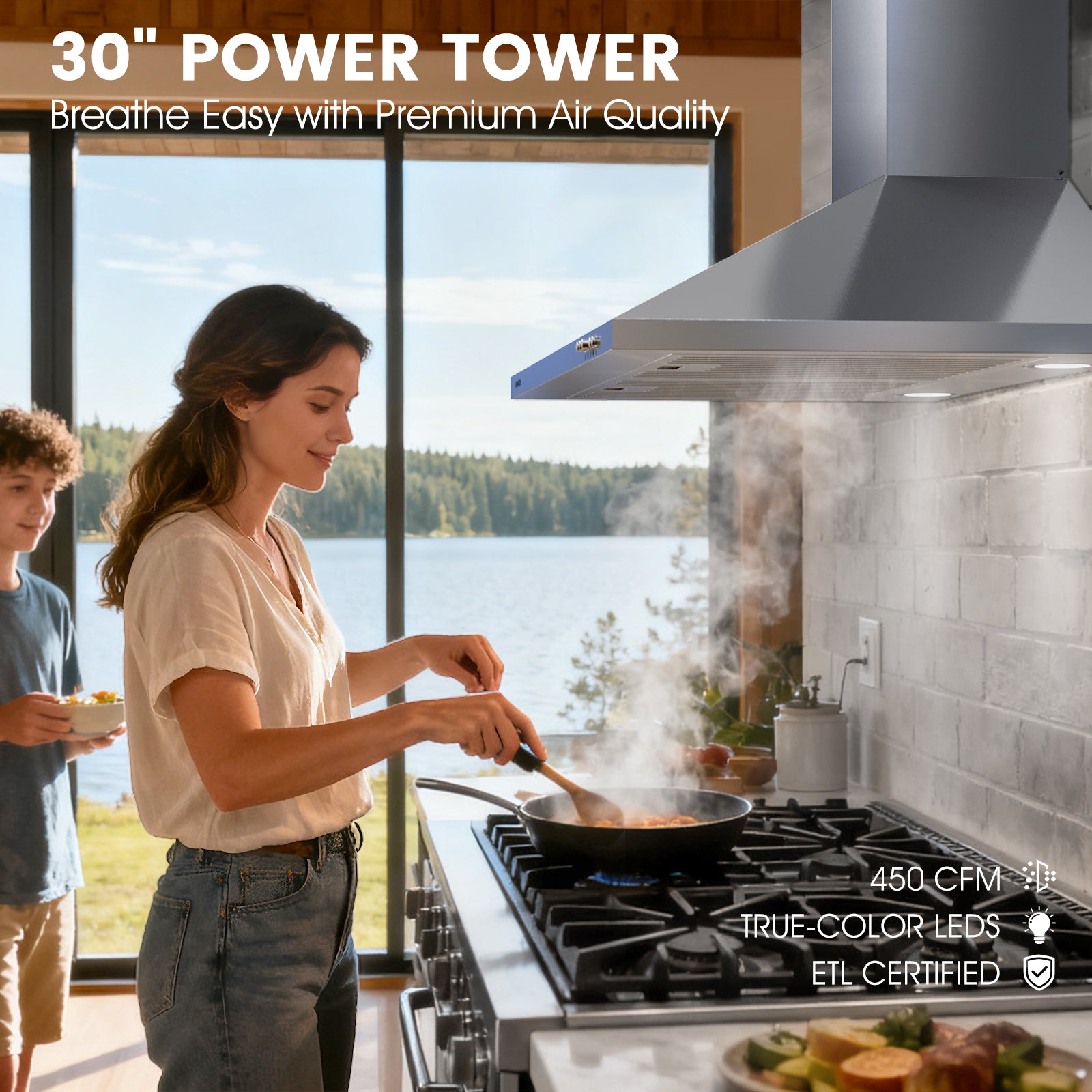 Range Hood 30 inch, 450CFM Wall Mount Kitchen Hood in Stainless Steel, TRUE-COLOR 5500K LEDs, Baffle Filters, Ducted/Ductless Convertible (Charcoal Included)