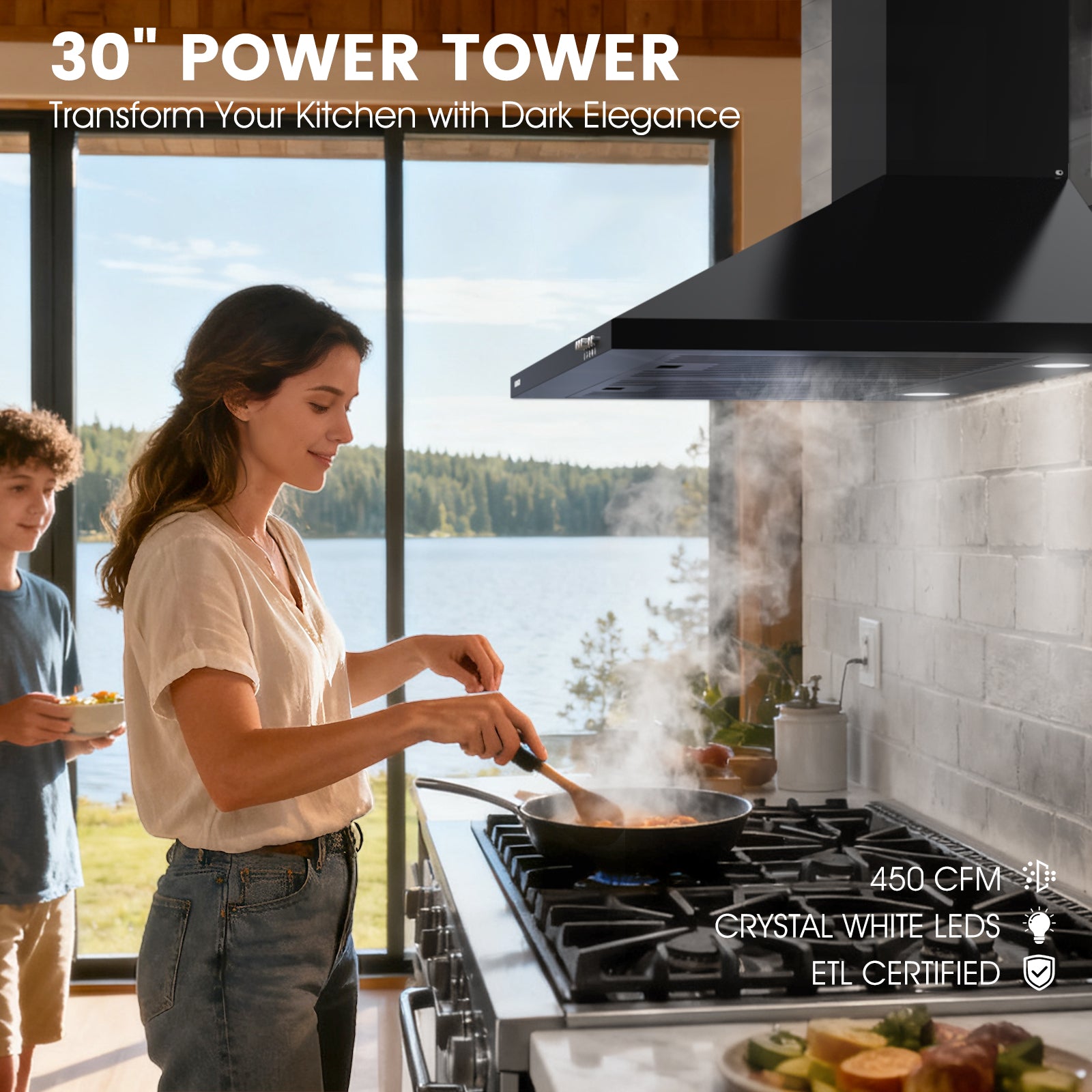 Black Range Hood 30 inch | 450CFM Wall Mount Kitchen Hood | CRYSTAL WHITE 12000K LEDs, Steel Baffle Filters, Ducted/Ductless Convertible (Charcoal Included) - AURAKICH