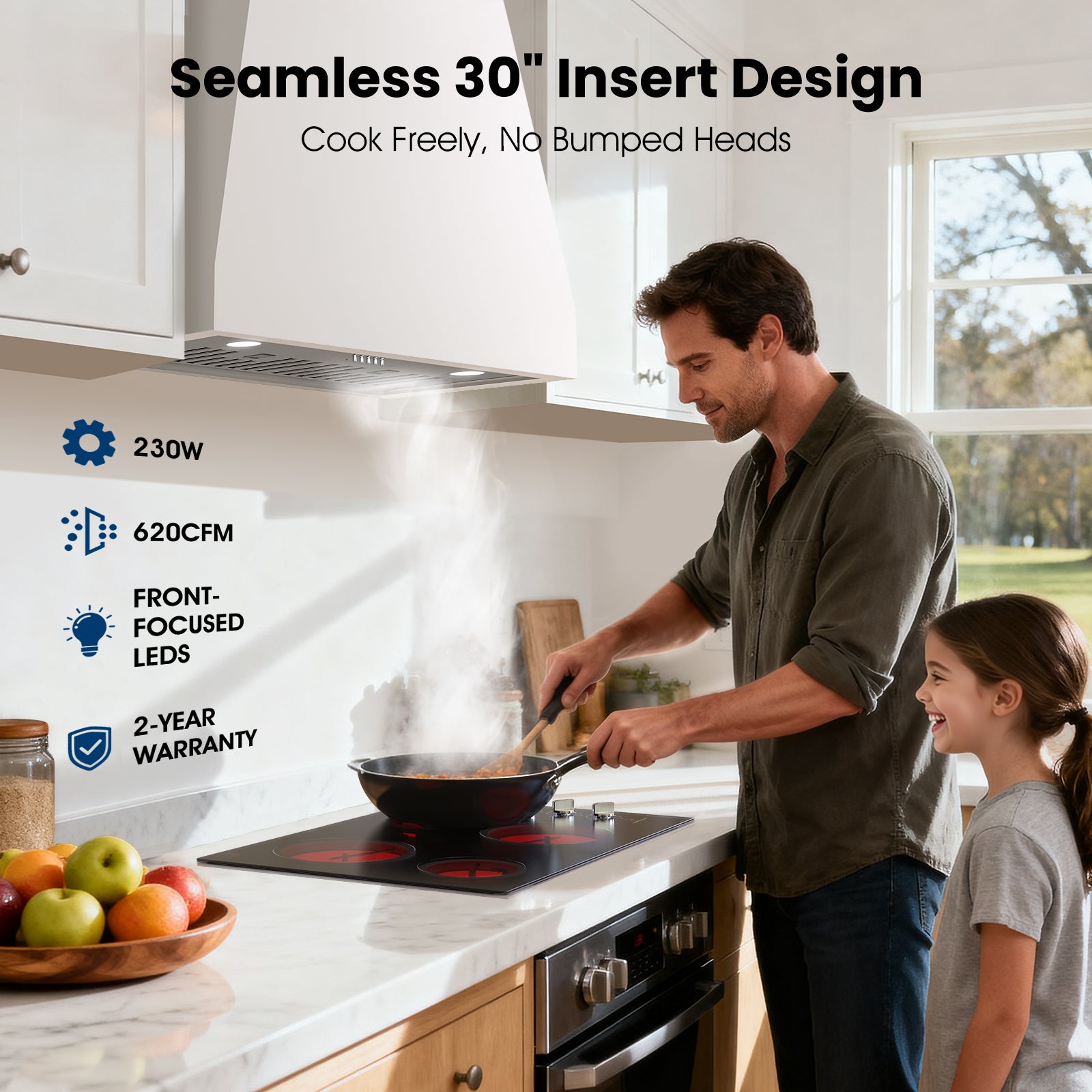 Range Hood 30 inch Insert - 620CFM Built-in Kitchen Hood with TRUE-COLOR 5500K LED, Complete Exhaust Kit (Charcoal Filters + Duct Pipe), Ducted/Ductless Convertible