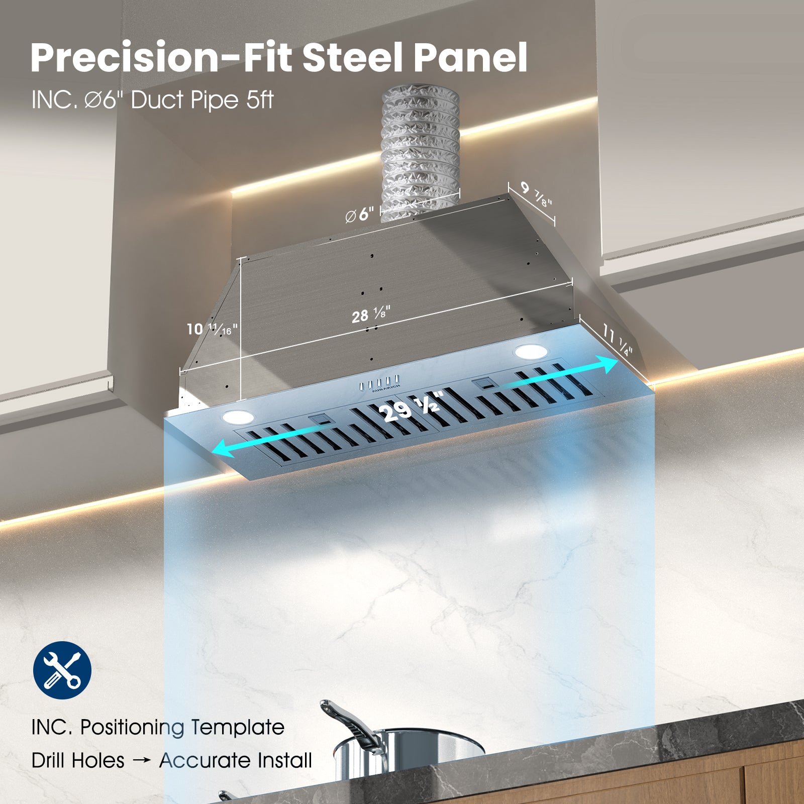 Range Hood 30 inch Insert - 620CFM Built-in Kitchen Hood with TRUE-COLOR 5500K LED, Complete Exhaust Kit (Charcoal Filters + Duct Pipe), Ducted/Ductless Convertible
