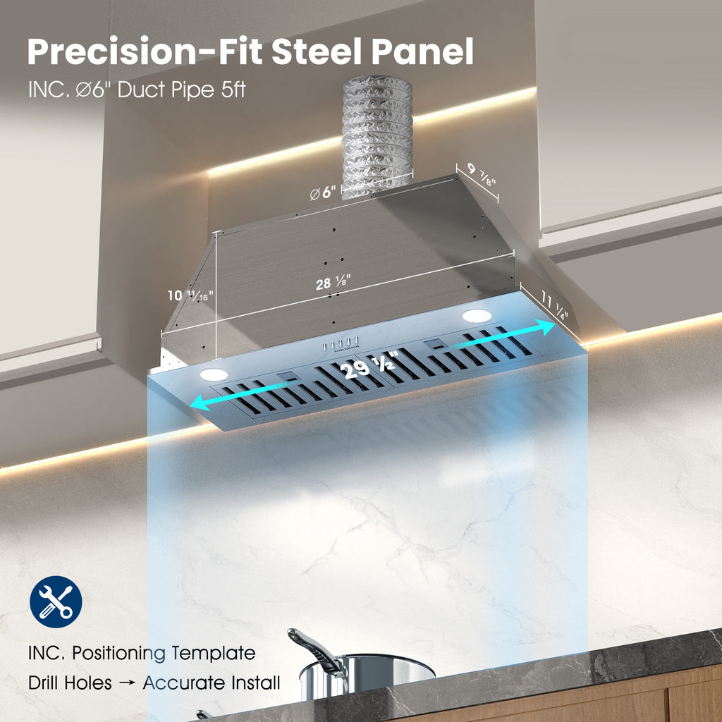 Range Hood 30 inch Insert - 620CFM Built-in Kitchen Hood with TRUE-COLOR 5500K LED, Complete Exhaust Kit (Charcoal Filters + Duct Pipe), Ducted/Ductless Convertible