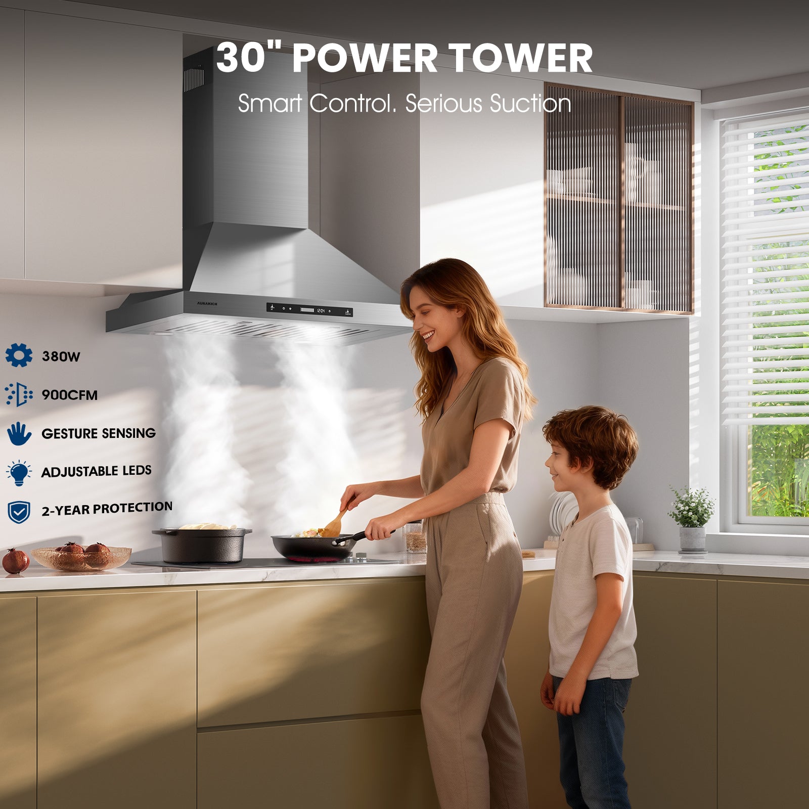 30-inch Wall Mount Range Hood, 900 CFM Ducted/Ductless Kitchen Vent Hood with Full Copper Motor, Triple Smart Controls (Gesture/Remote/Touch), Tunable LED Lighting, Stainless Steel - AURAKICH