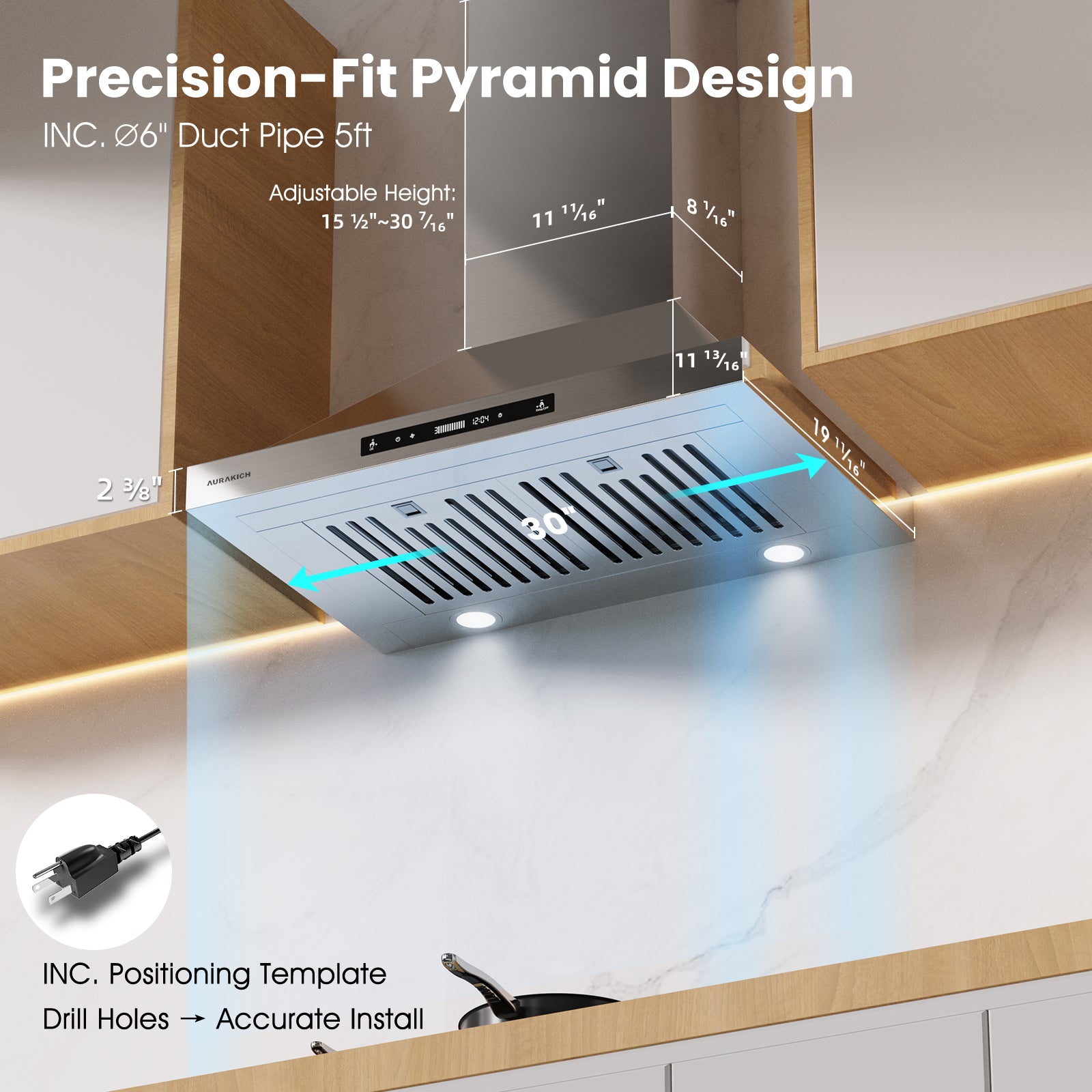 30-inch Wall Mount Range Hood, 900 CFM Ducted/Ductless Kitchen Vent Hood with Full Copper Motor, Triple Smart Controls (Gesture/Remote/Touch), Tunable LED Lighting, Stainless Steel - AURAKICH