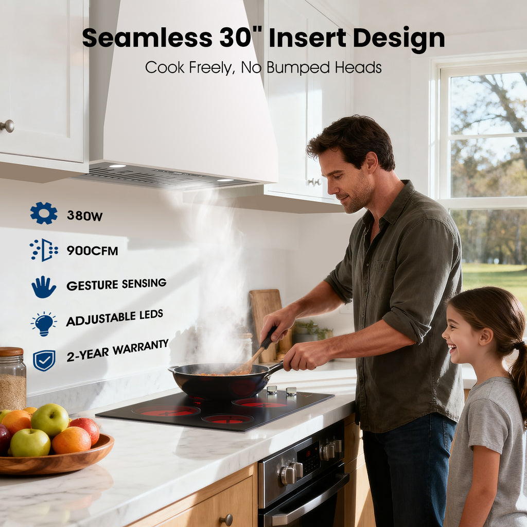 30 inch Range Hood Insert, 900 CFM Kitchen Vent Hood with Full Copper Motor, Triple Smart Controls, Tunable LED Lighting, Included Charcoal Filters & Duct Pipe