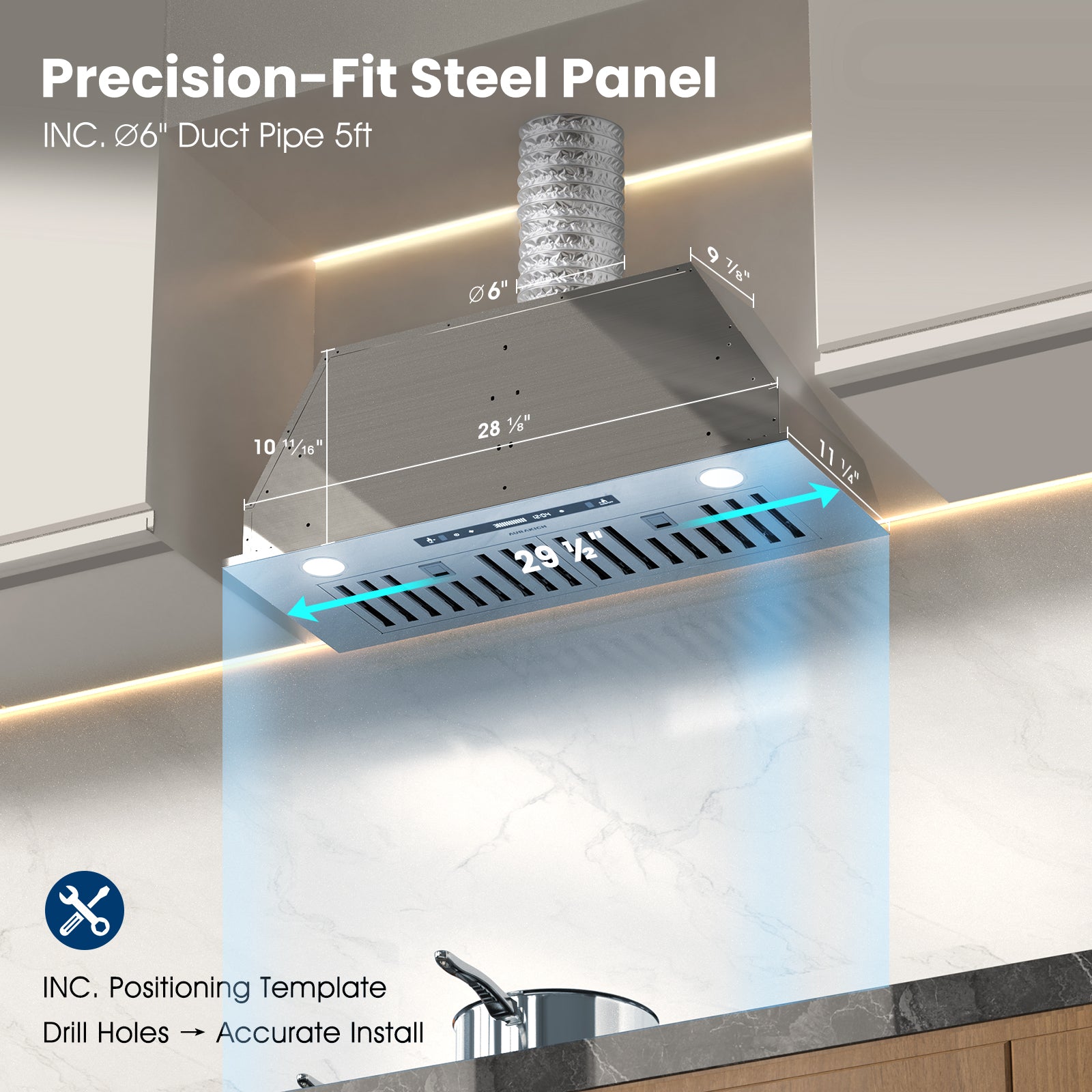 30 inch Range Hood Insert, 900 CFM Kitchen Vent Hood with Full Copper Motor, Triple Smart Controls, Tunable LED Lighting, Included Charcoal Filters & Duct Pipe