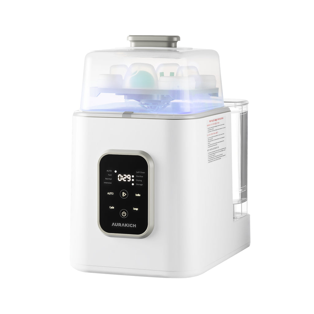 Baby Bottle Washer, Sterilizer & Dryer - All-in-One Pro Cleaning Machine with Fishbone Spray Arm, Self-Cleaning & AUTO Mode, Dual Water Inlet for Bottles, Breast Pump & Baby Essentials - AURAKICH
