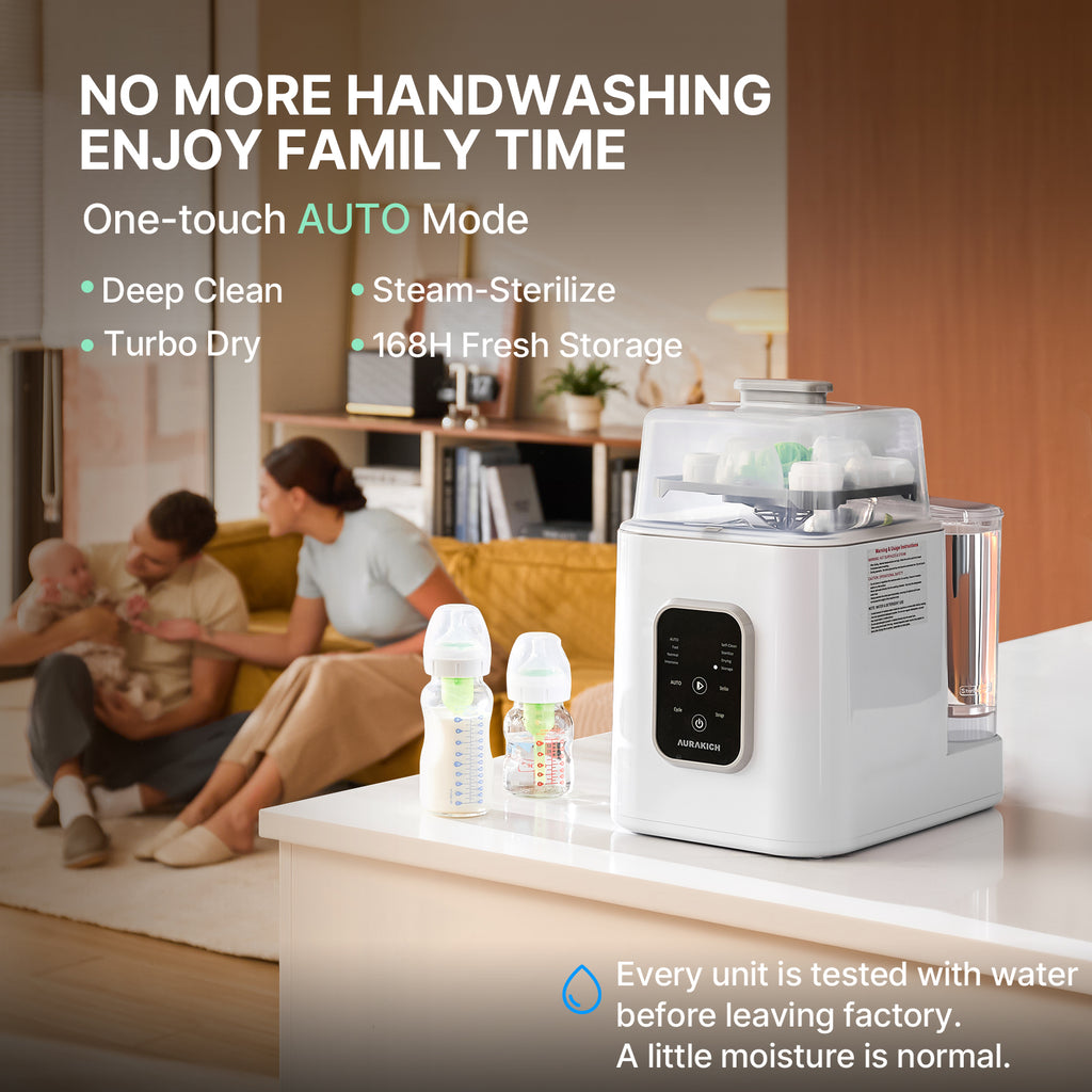 Baby Bottle Washer, Sterilizer & Dryer - All-in-One Pro Cleaning Machine with Fishbone Spray Arm, Self-Cleaning & AUTO Mode, Dual Water Inlet for Bottles, Breast Pump & Baby Essentials - AURAKICH