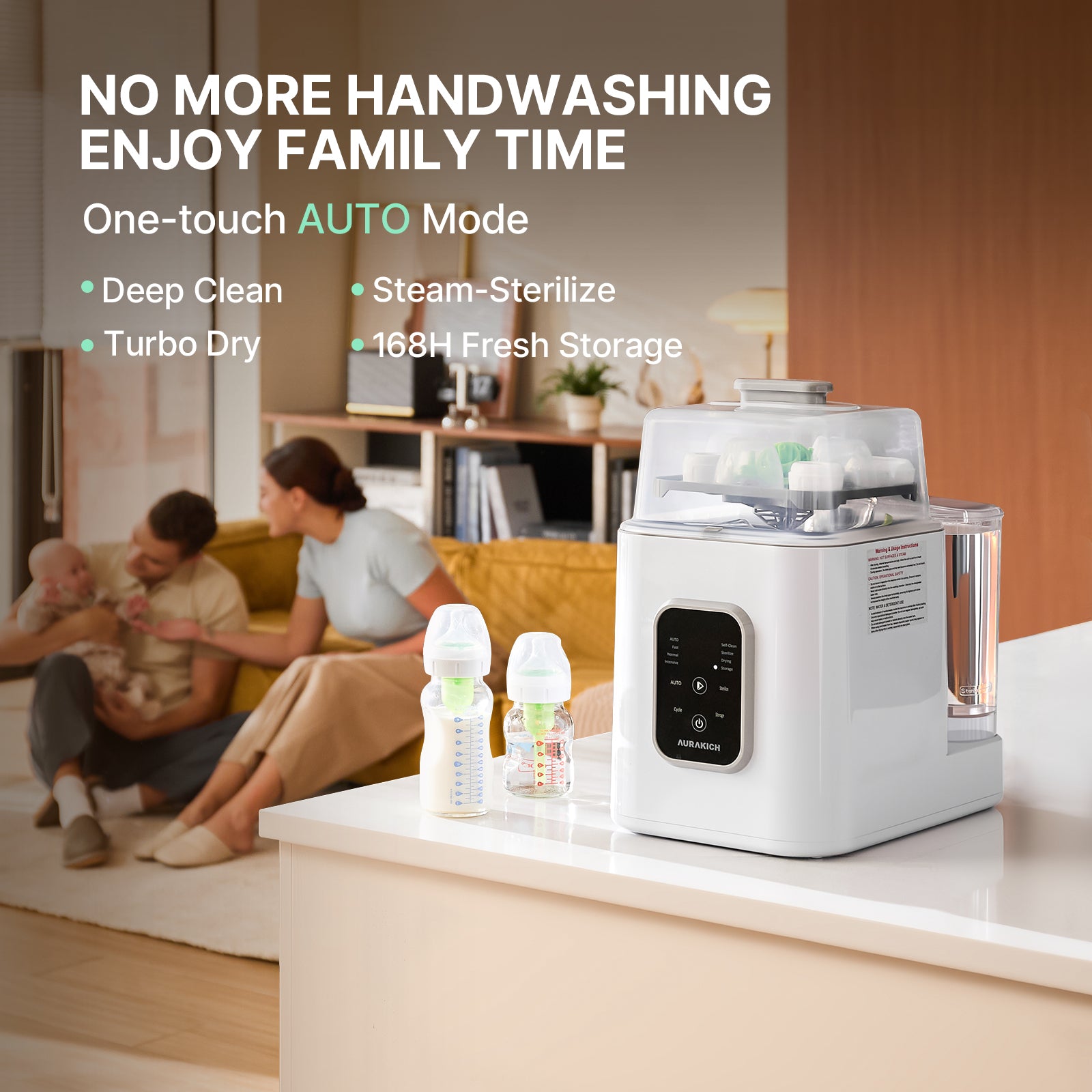 Baby Bottle Washer, Sterilizer & Dryer - All-in-One Pro Cleaning Machine with Fishbone Spray Arm, Self-Cleaning & AUTO Mode, Dual Water Inlet for Bottles, Breast Pump & Baby Essentials - AURAKICH